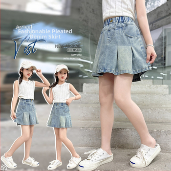 Mergaitėms džinsinės A-linijos sijonas, vienos spalvos, vasara 2025, nuo 8 metų