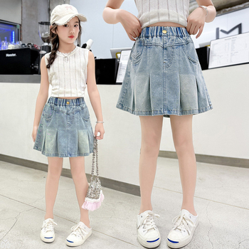 Mergaitėms džinsinės A-linijos sijonas, vienos spalvos, vasara 2025, nuo 8 metų