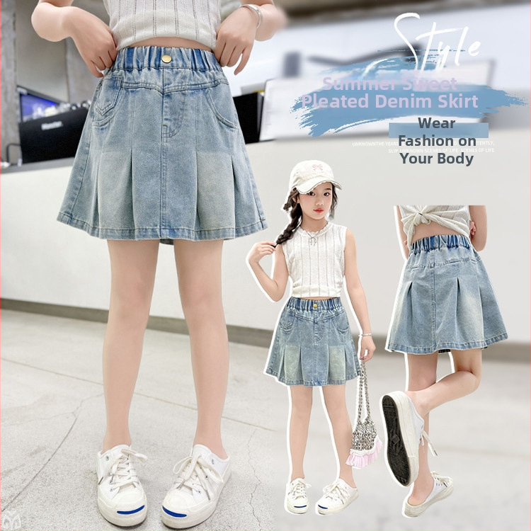 Mergaitėms džinsinės A-linijos sijonas, vienos spalvos, vasara 2025, nuo 8 metų