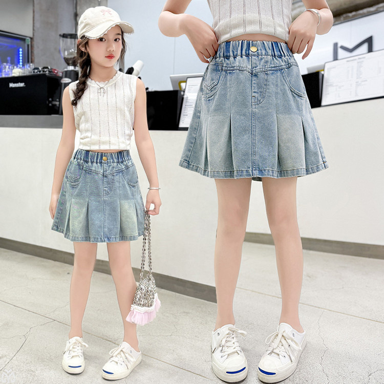 Mergaitėms džinsinės A-linijos sijonas, vienos spalvos, vasara 2025, nuo 8 metų