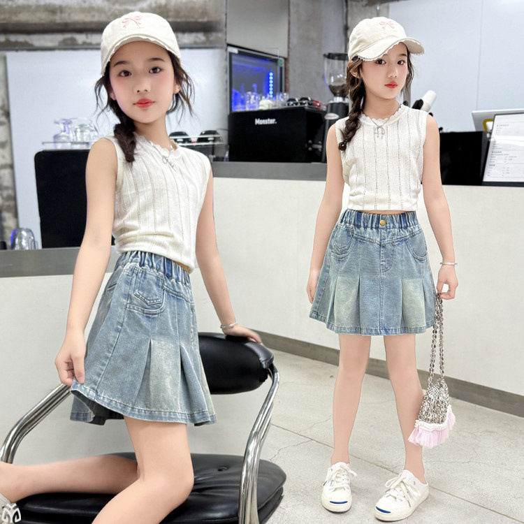 Mergaitėms džinsinės A-linijos sijonas, vienos spalvos, vasara 2025, nuo 8 metų