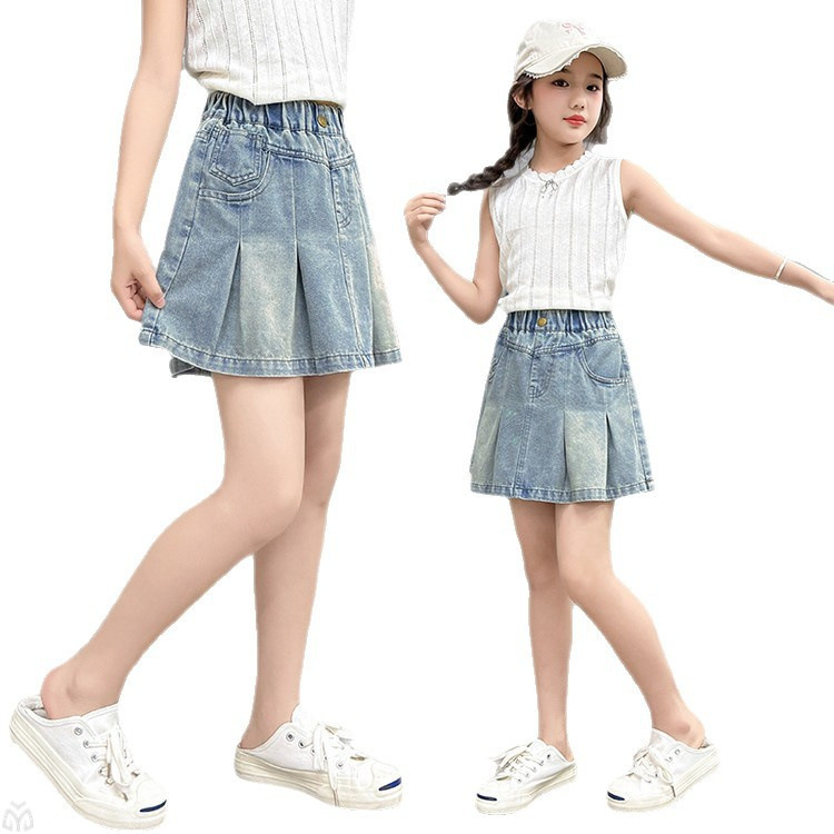 Mergaitėms džinsinės A-linijos sijonas, vienos spalvos, vasara 2025, nuo 8 metų