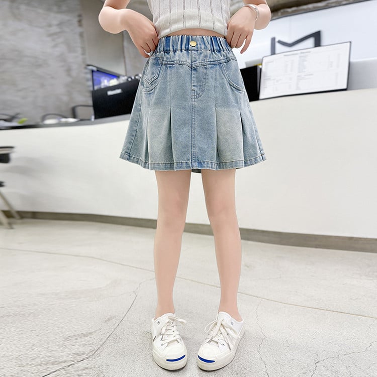 Mergaitėms džinsinės A-linijos sijonas, vienos spalvos, vasara 2025, nuo 8 metų