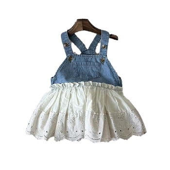 Koreai stílusú denim ruha pántos kivitelben, csipkével díszített medve-applikációval, 95%-os pamut anyag, pamut bélés, egyszínű dizájn