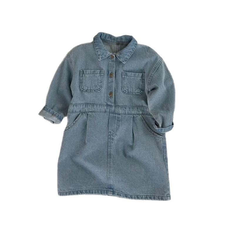 Lányoknak szóló koreai stílusú denim ruha, hosszú ujjú, 95% pamut, tavasz 2025, 3–8 éveseknek