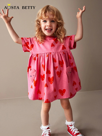 Dječja ljetna haljina za djevojčice — 100% pamuk, pleteni materijal, kratki rukavi, princes stil, crtani otisak, za dob 3–8 godina