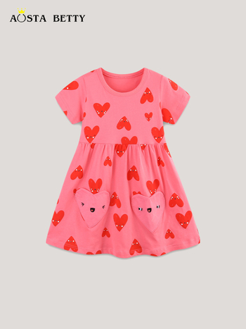 Dječja ljetna haljina za djevojčice — 100% pamuk, pleteni materijal, kratki rukavi, princes stil, crtani otisak, za dob 3–8 godina