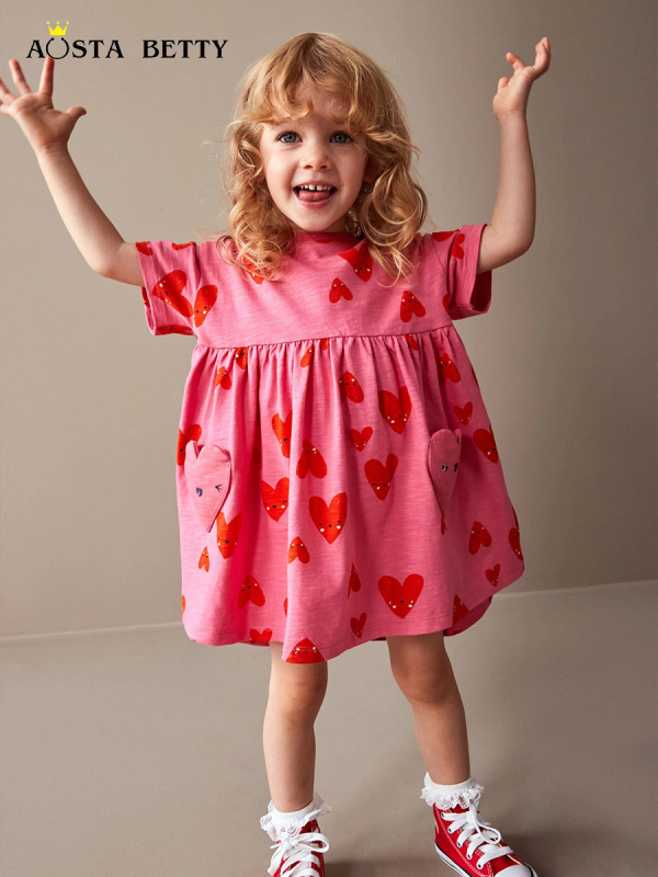 Dječja ljetna haljina za djevojčice — 100% pamuk, pleteni materijal, kratki rukavi, princes stil, crtani otisak, za dob 3–8 godina