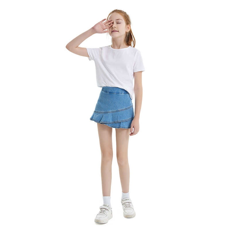 Džinsiniai sijonai su raukiniais paauglių mergaitei – 70% medvilnė, 28,5% poliesteris, 1,5% elastanas – vienos spalvos, švelnus apdailas, pavasaris-vasara-ruduo