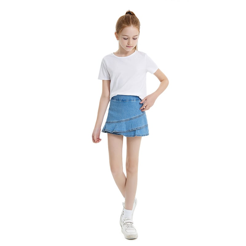 Džinsiniai sijonai su raukiniais paauglių mergaitei – 70% medvilnė, 28,5% poliesteris, 1,5% elastanas – vienos spalvos, švelnus apdailas, pavasaris-vasara-ruduo