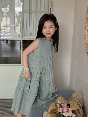 Mergaitei skirta medvilninė su petnešėlėmis Korejos stiliaus vasara 2025, švelniai apdorota audinys, nuo 8 metų