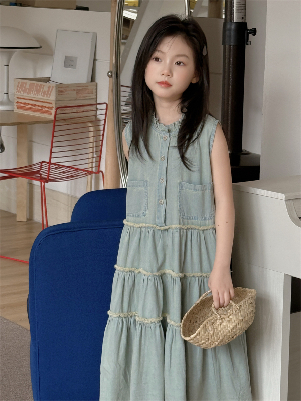 Mergaitei skirta medvilninė su petnešėlėmis Korejos stiliaus vasara 2025, švelniai apdorota audinys, nuo 8 metų