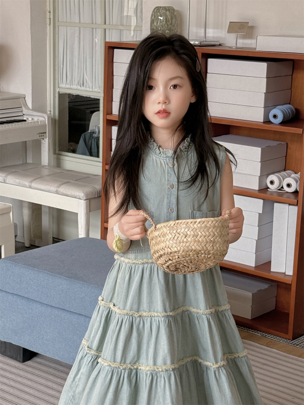 Mergaitei skirta medvilninė su petnešėlėmis Korejos stiliaus vasara 2025, švelniai apdorota audinys, nuo 8 metų