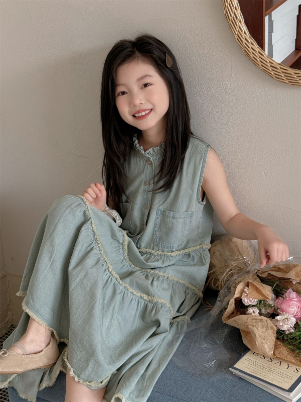 Mergaitei skirta medvilninė su petnešėlėmis Korejos stiliaus vasara 2025, švelniai apdorota audinys, nuo 8 metų