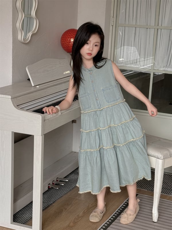 Mergaitei skirta medvilninė su petnešėlėmis Korejos stiliaus vasara 2025, švelniai apdorota audinys, nuo 8 metų