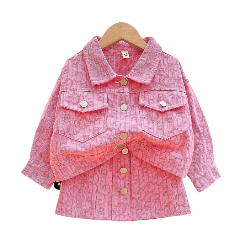 Кореански стил: момичешки костюм от две части — дънков жакет с жаккардова шарка и пола, дълги ръкави, едноредово закопчаване, мек полиестерен смес, принт с букви, за деца 3–8 години