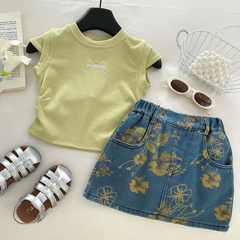 Детски летен комплект за момичета: денимова пола и принтиран топ с къс ръкав, флорални/абстрактни мотиви, памук-полиестер смес, две части, за възраст 3–8 години