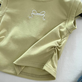 Детски летен комплект за момичета: денимова пола и принтиран топ с къс ръкав, флорални/абстрактни мотиви, памук-полиестер смес, две части, за възраст 3–8 години