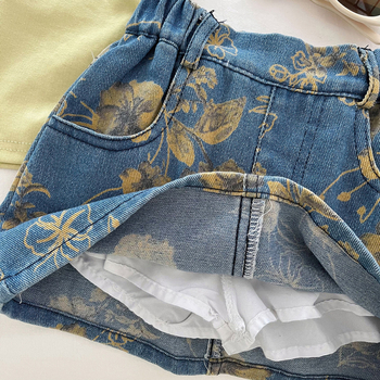 Детски летен комплект за момичета: денимова пола и принтиран топ с къс ръкав, флорални/абстрактни мотиви, памук-полиестер смес, две части, за възраст 3–8 години