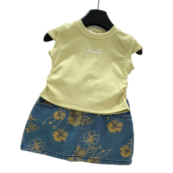 Детски летен комплект за момичета: денимова пола и принтиран топ с къс ръкав, флорални/абстрактни мотиви, памук-полиестер смес, две части, за възраст 3–8 години