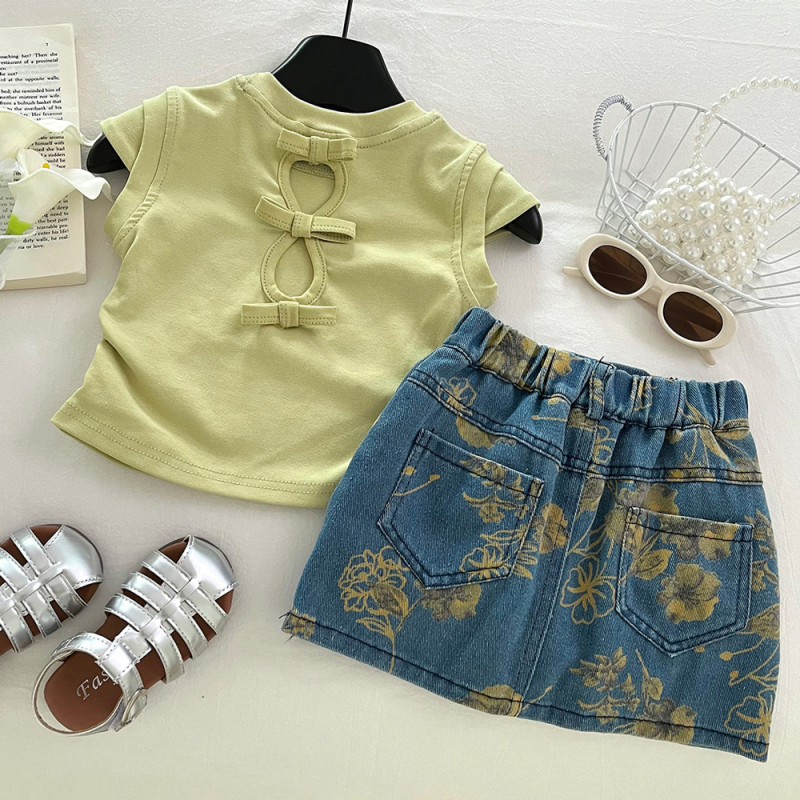 Детски летен комплект за момичета: денимова пола и принтиран топ с къс ръкав, флорални/абстрактни мотиви, памук-полиестер смес, две части, за възраст 3–8 години