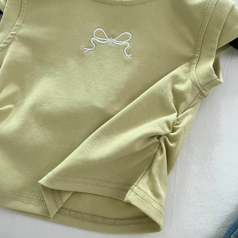 Детски летен комплект за момичета: денимова пола и принтиран топ с къс ръкав, флорални/абстрактни мотиви, памук-полиестер смес, две части, за възраст 3–8 години