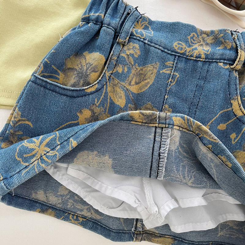 Детски летен комплект за момичета: денимова пола и принтиран топ с къс ръкав, флорални/абстрактни мотиви, памук-полиестер смес, две части, за възраст 3–8 години