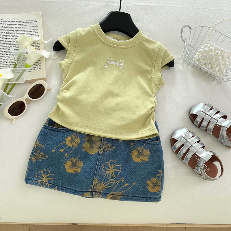 Детски летен комплект за момичета: денимова пола и принтиран топ с къс ръкав, флорални/абстрактни мотиви, памук-полиестер смес, две части, за възраст 3–8 години