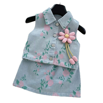 Дънков двукомпонентен комплект за момичета с флорални принтове, 65% памук 35% полиестер, корейски стил, лято 2025