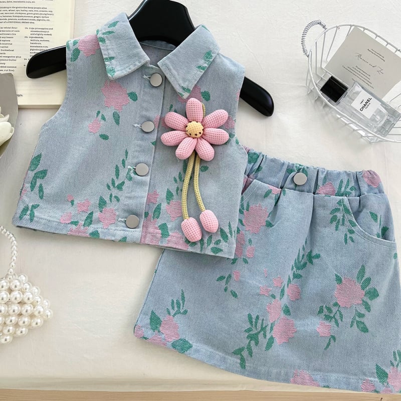 Дънков двукомпонентен комплект за момичета с флорални принтове, 65% памук 35% полиестер, корейски стил, лято 2025
