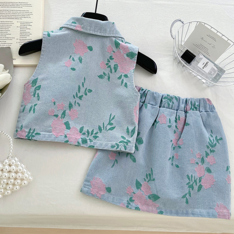 Дънков двукомпонентен комплект за момичета с флорални принтове, 65% памук 35% полиестер, корейски стил, лято 2025