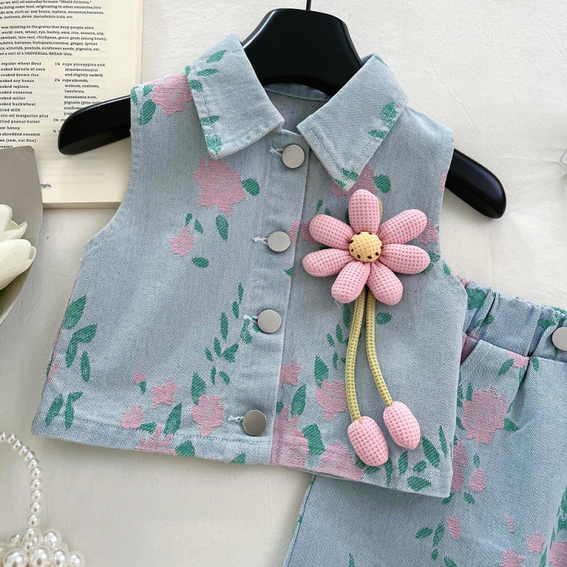 Дънков двукомпонентен комплект за момичета с флорални принтове, 65% памук 35% полиестер, корейски стил, лято 2025