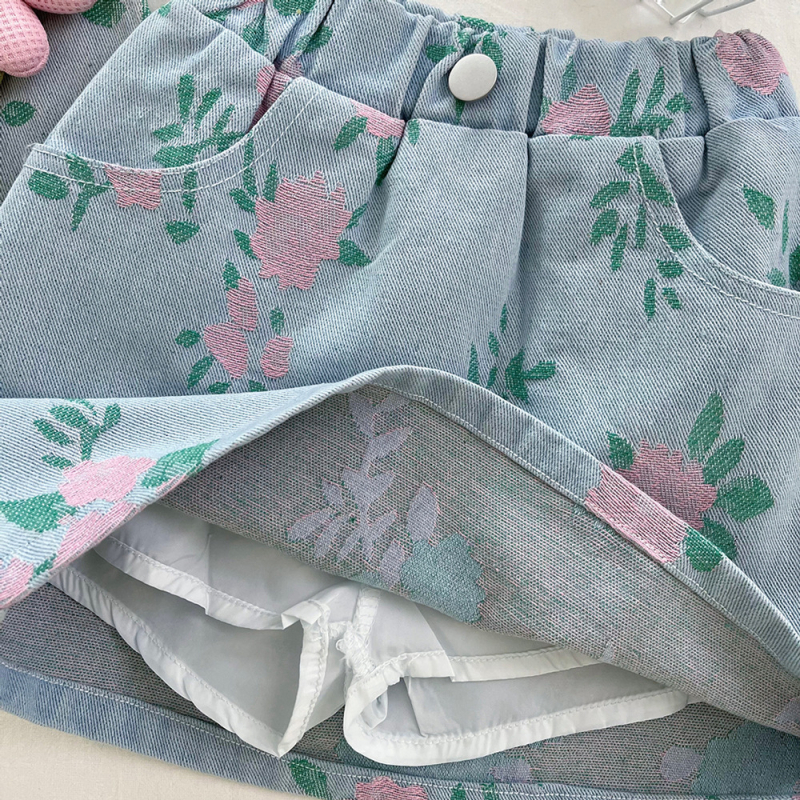 Дънков двукомпонентен комплект за момичета с флорални принтове, 65% памук 35% полиестер, корейски стил, лято 2025