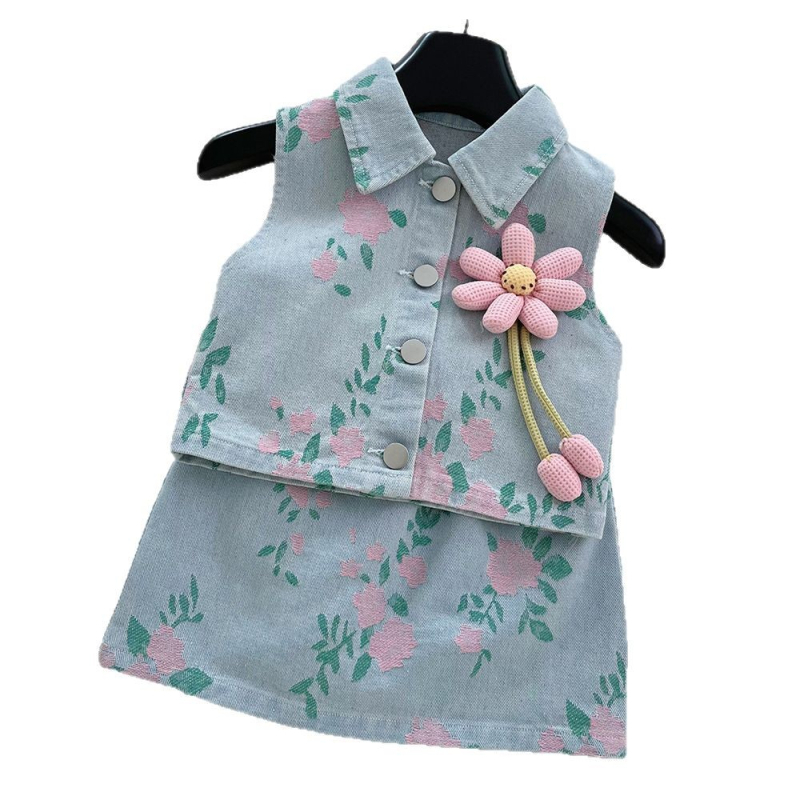 Дънков двукомпонентен комплект за момичета с флорални принтове, 65% памук 35% полиестер, корейски стил, лято 2025