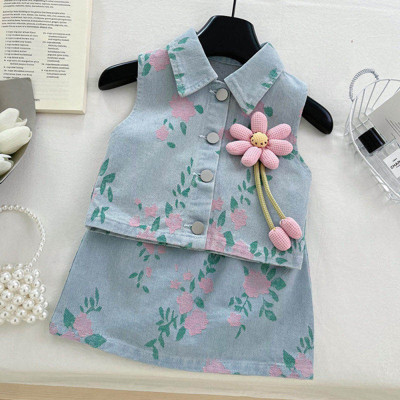 Дънков двукомпонентен комплект за момичета с флорални принтове, 65% памук 35% полиестер, корейски стил, лято 2025
