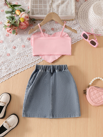 Дънков комплект за момичета за лято: жилетка и дънкови шорти, 100% памук, без ръкави, мека обработка, едноцветен