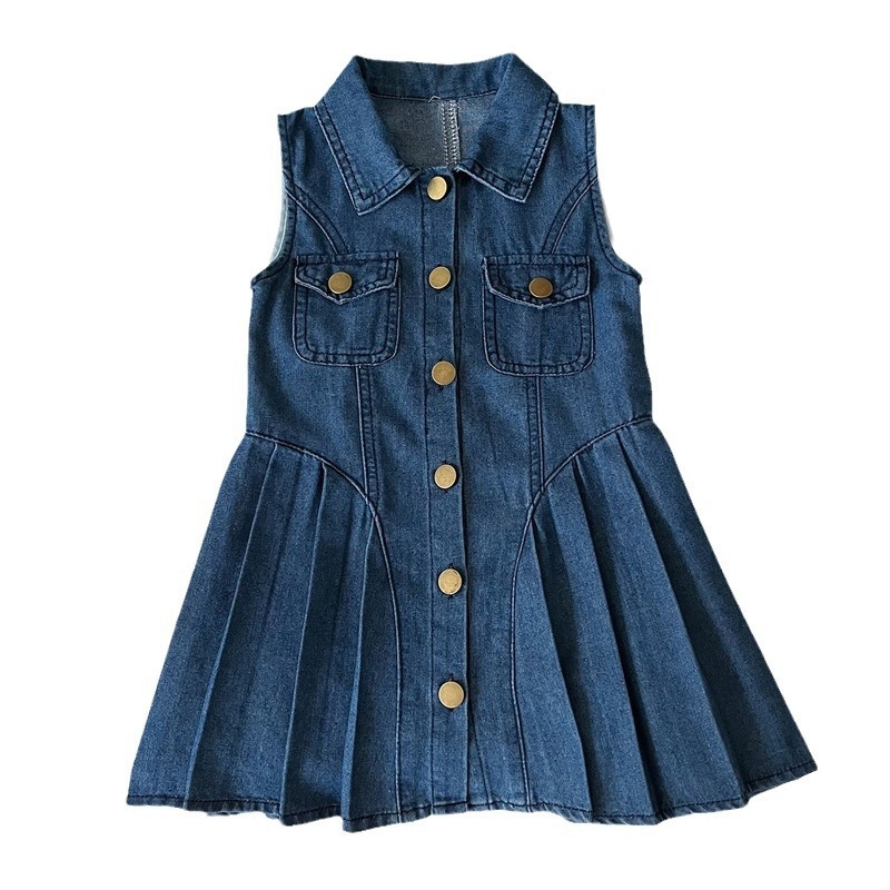 Mergaitėms džinsinė suknelė, korejiško stiliaus, be rankovių, užsegama vienoje eilutėje, pagrindinis audinys 75% medvilnė, 25% poliesteris, pamušalas 75% medvilnė, vasara 2025