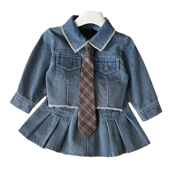 Двуетапен деним комплект за момичета: яке и пола, корейски стил, пролетно–есенно, дълги ръкави, едноцветен, с меко третиране на тъканта