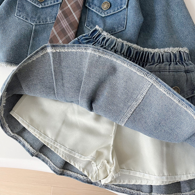 Двуетапен деним комплект за момичета: яке и пола, корейски стил, пролетно–есенно, дълги ръкави, едноцветен, с меко третиране на тъканта