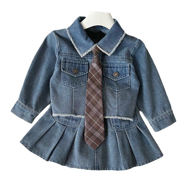 Двуетапен деним комплект за момичета: яке и пола, корейски стил, пролетно–есенно, дълги ръкави, едноцветен, с меко третиране на тъканта