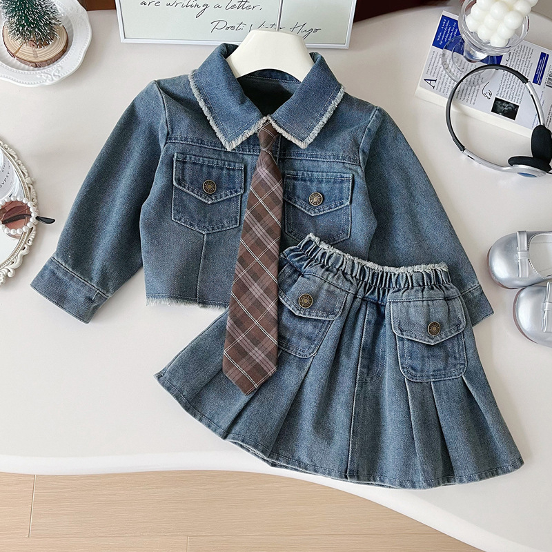 Двуетапен деним комплект за момичета: яке и пола, корейски стил, пролетно–есенно, дълги ръкави, едноцветен, с меко третиране на тъканта