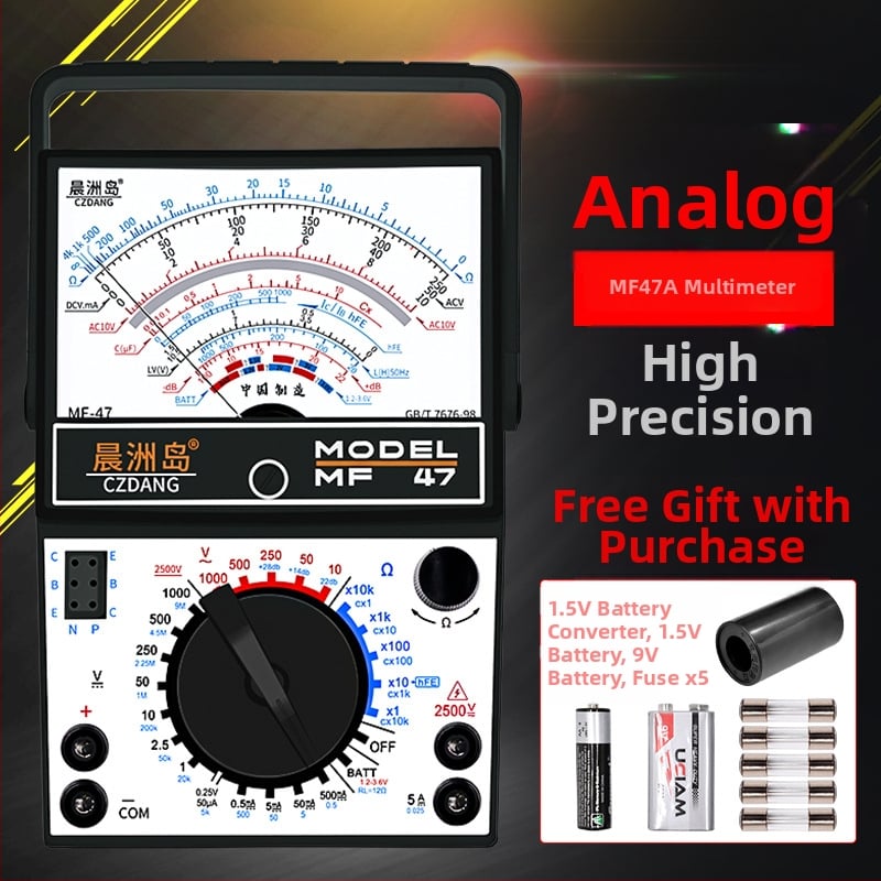 MF47A rodomasis analoginis multimeteris - aukštos tikslumo mechaninis stalinis matavimo prietaisas elektrikams; DC/AC įtampa iki 2,5 kV, DC srovė iki 500 mA, talpa iki 100000, 2000 rodmenų ekranas