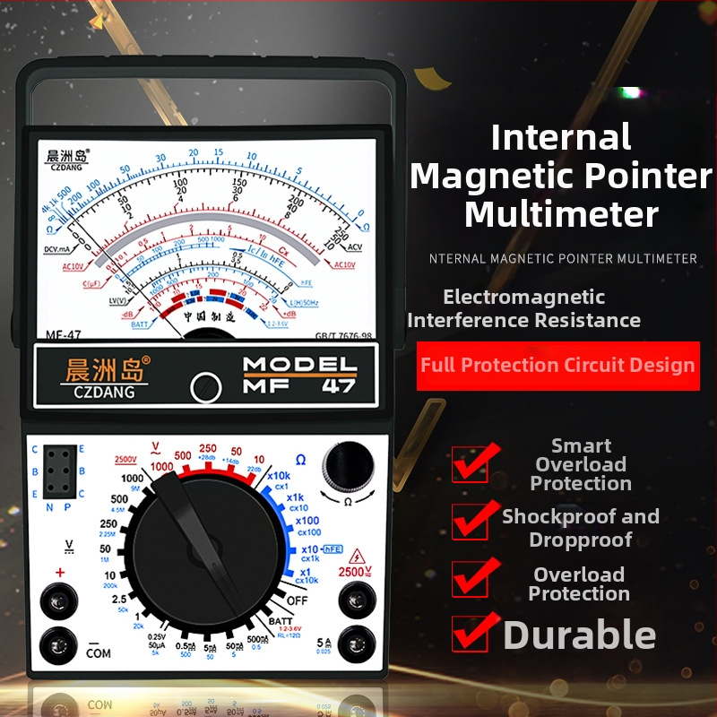 MF47A näidik-analog multimeeter - kõrgpidev mehhaaniline desktop-mõõteseade elektrikute jaoks; VDC/VAC kuni 2,5 kV, DC current kuni 500 mA, kapatsiteet kuni 100000, 2000 tähistuse ekraan