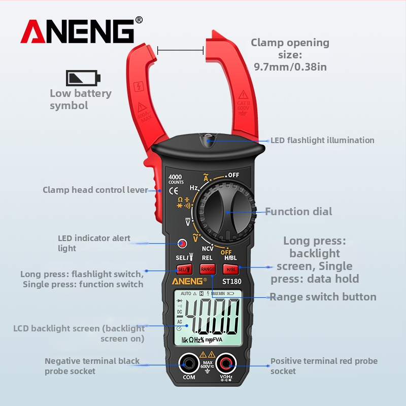 Digitālais klipsmetrs ANENG ST180, AC/DC mērījumi, 600 V, 400 A, 40 MΩ, 4000 rādījumi