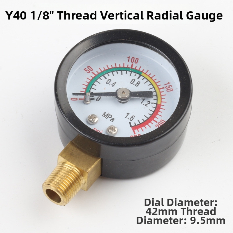 Diaphragma rõhu manomeeter õhukompressorile, mõõtmisvahemik 0–1.6 MPa, täpsus 0.1 MPa, keermestatud ühendus, Ø42 mm