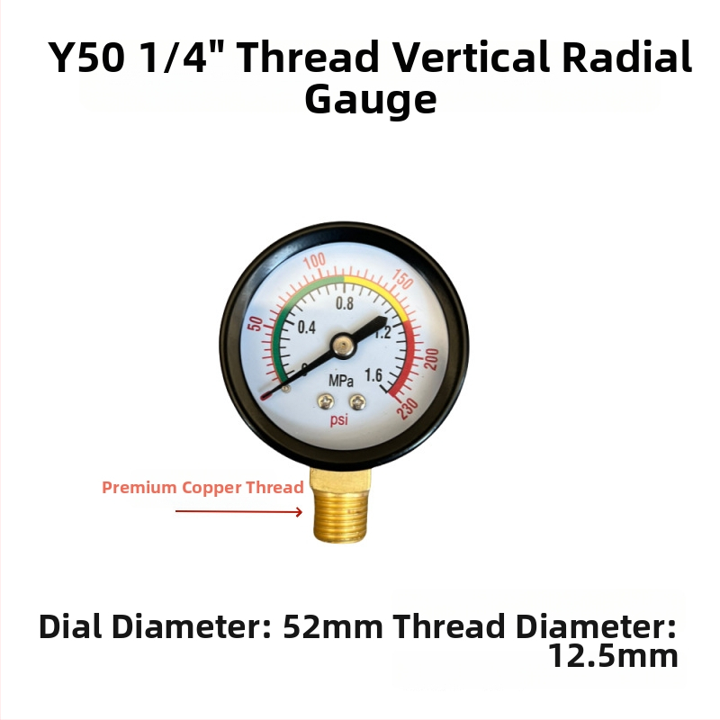 Diaphragma rõhu manomeeter õhukompressorile, mõõtmisvahemik 0–1.6 MPa, täpsus 0.1 MPa, keermestatud ühendus, Ø42 mm