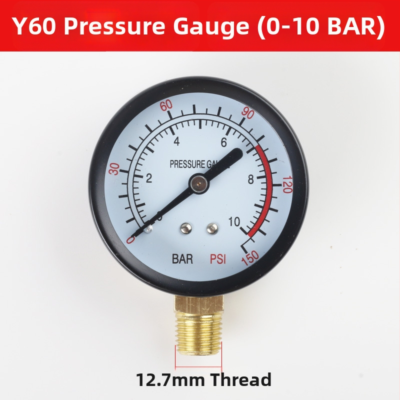 Diaphragma rõhu manomeeter õhukompressorile, mõõtmisvahemik 0–1.6 MPa, täpsus 0.1 MPa, keermestatud ühendus, Ø42 mm