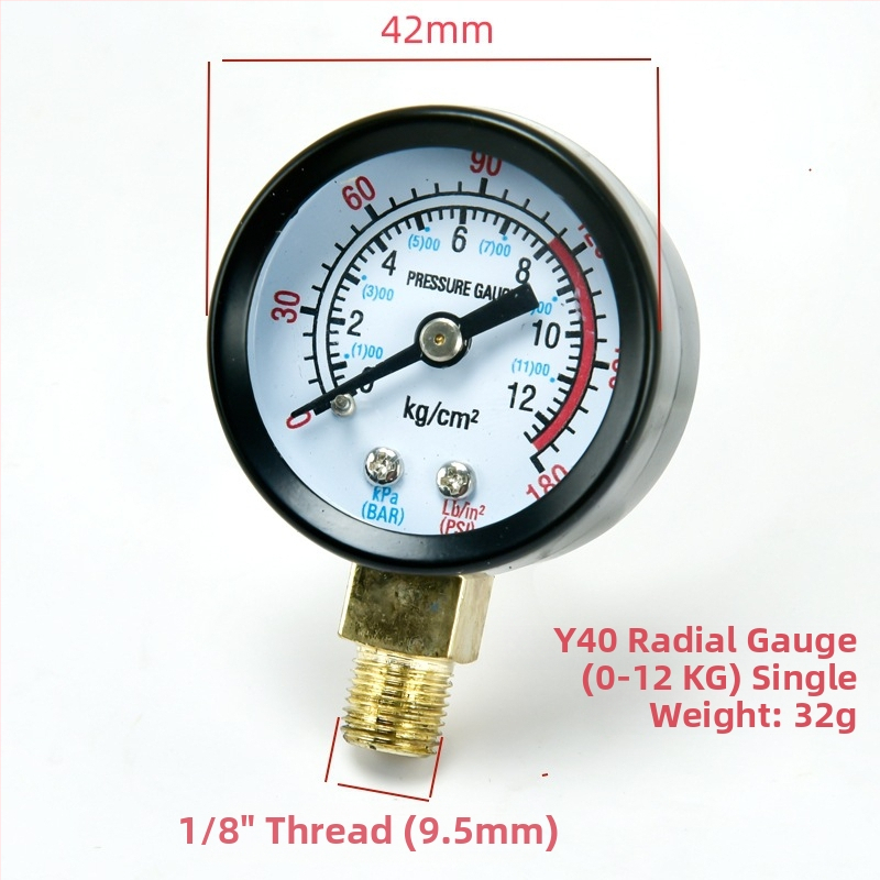 Diaphragma rõhu manomeeter õhukompressorile, mõõtmisvahemik 0–1.6 MPa, täpsus 0.1 MPa, keermestatud ühendus, Ø42 mm
