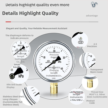 YE100 membraan-manomeeter läbipaistva resinist esiküljega, ühendus M20×1.5, vahemik -100…100 kPa, täpsusklass 2.5