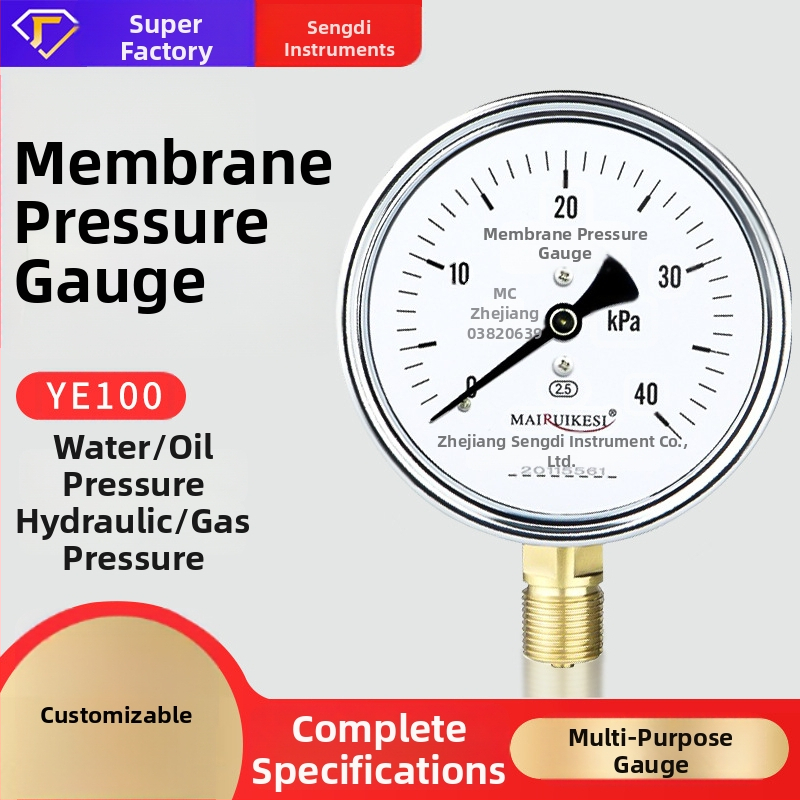 YE100 membraan-manomeeter läbipaistva resinist esiküljega, ühendus M20×1.5, vahemik -100…100 kPa, täpsusklass 2.5